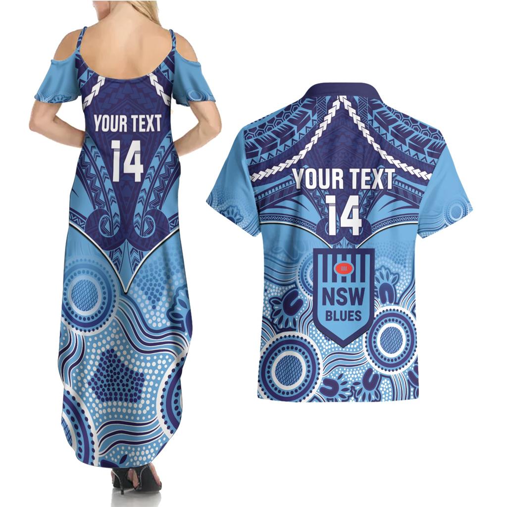 Custom NSW Blues Rugby Couples Matching Summer Maxi Dress and Hawaiian Shirt Aboriginal Mix Polynesian Pattern