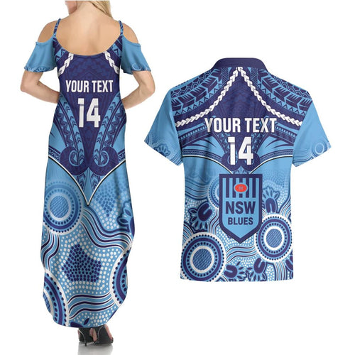 Custom NSW Blues Rugby Couples Matching Summer Maxi Dress and Hawaiian Shirt Aboriginal Mix Polynesian Pattern