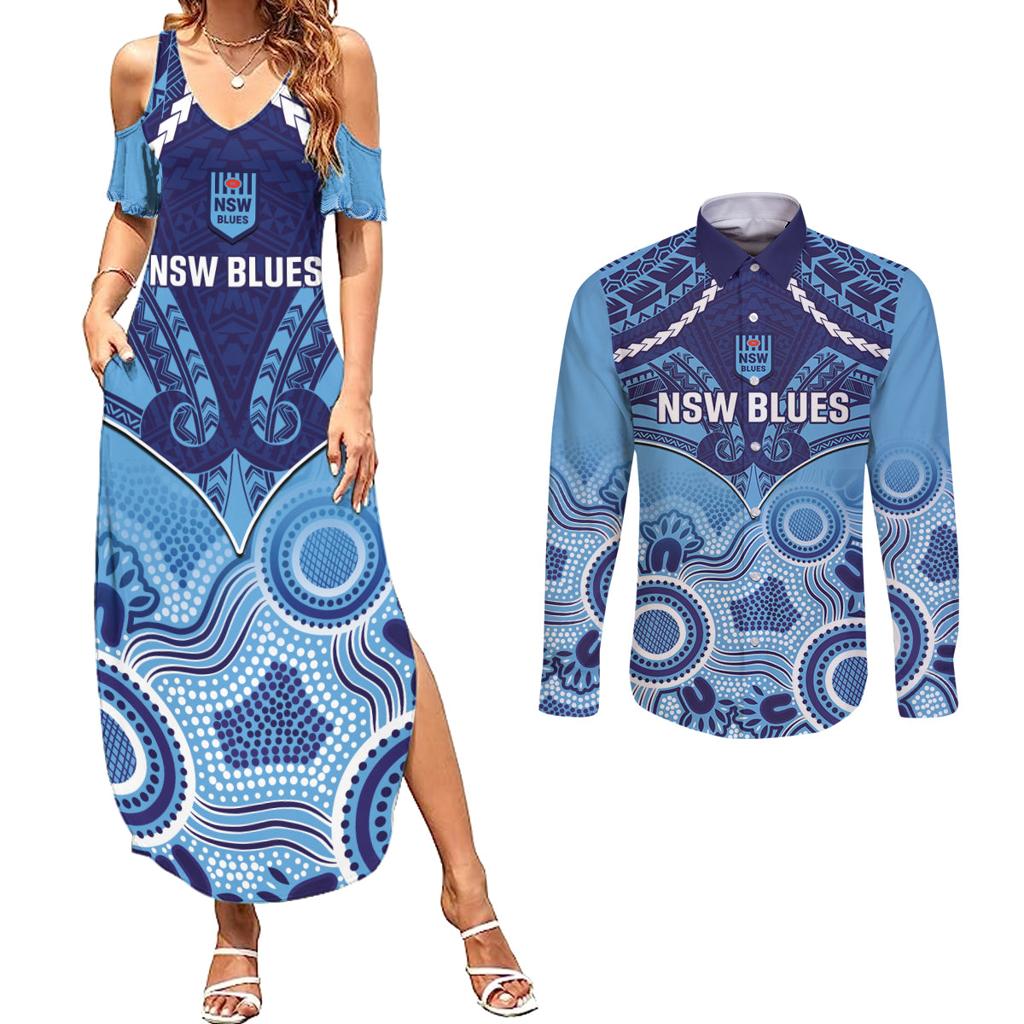 Custom NSW Blues Rugby Couples Matching Summer Maxi Dress and Long Sleeve Button Shirt Aboriginal Mix Polynesian Pattern