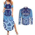 Custom NSW Blues Rugby Couples Matching Summer Maxi Dress and Long Sleeve Button Shirt Aboriginal Mix Polynesian Pattern