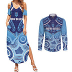 Custom NSW Blues Rugby Couples Matching Summer Maxi Dress and Long Sleeve Button Shirt Aboriginal Mix Polynesian Pattern