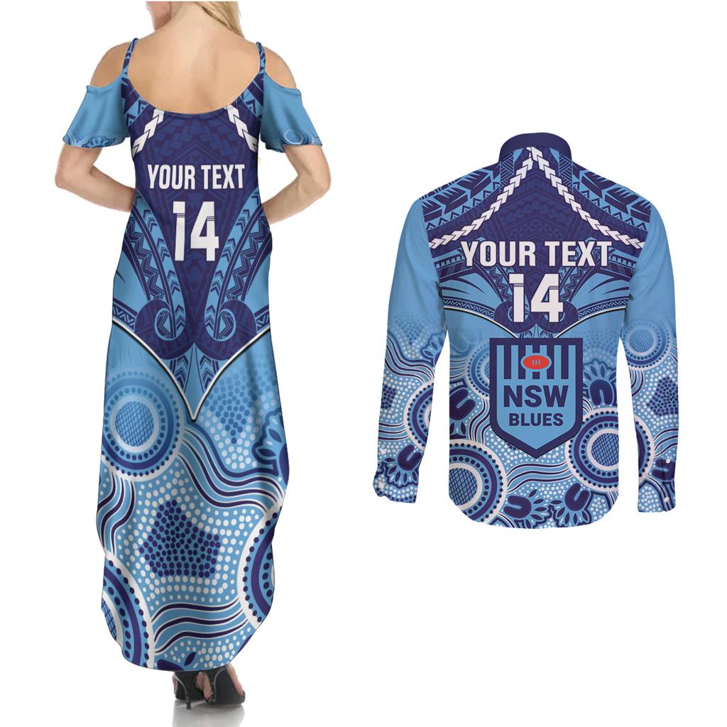 Custom NSW Blues Rugby Couples Matching Summer Maxi Dress and Long Sleeve Button Shirt Aboriginal Mix Polynesian Pattern