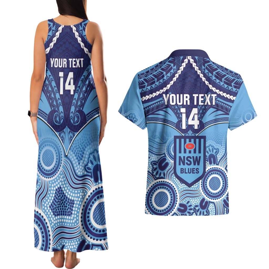 Custom NSW Blues Rugby Couples Matching Tank Maxi Dress and Hawaiian Shirt Aboriginal Mix Polynesian Pattern