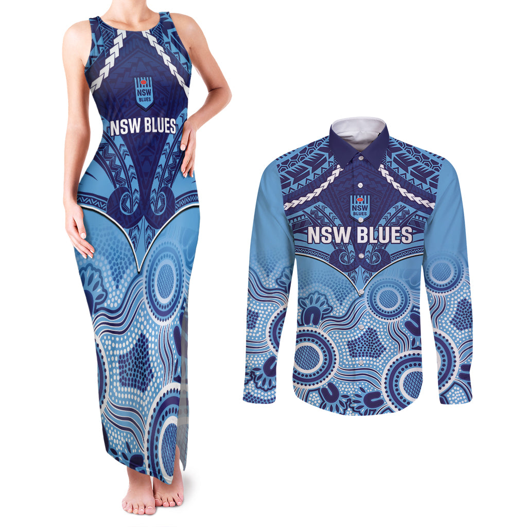 Custom NSW Blues Rugby Couples Matching Tank Maxi Dress and Long Sleeve Button Shirt Aboriginal Mix Polynesian Pattern