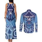 Custom NSW Blues Rugby Couples Matching Tank Maxi Dress and Long Sleeve Button Shirt Aboriginal Mix Polynesian Pattern