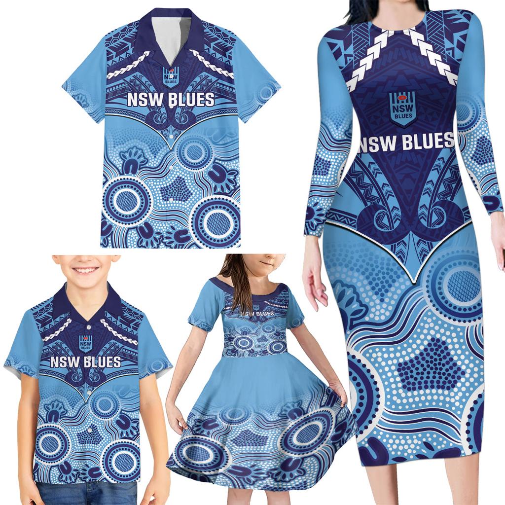 Custom NSW Blues Rugby Family Matching Long Sleeve Bodycon Dress and Hawaiian Shirt Aboriginal Mix Polynesian Pattern