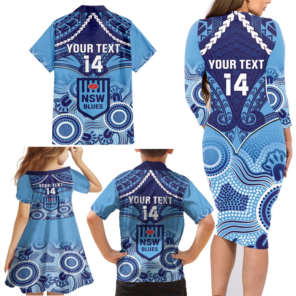 Custom NSW Blues Rugby Family Matching Long Sleeve Bodycon Dress and Hawaiian Shirt Aboriginal Mix Polynesian Pattern