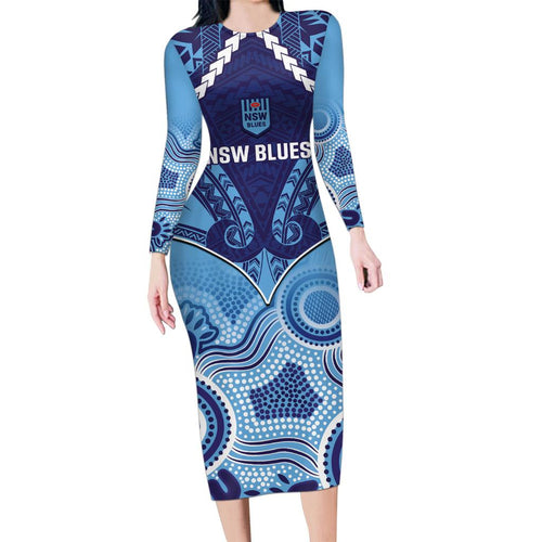 Custom NSW Blues Rugby Family Matching Long Sleeve Bodycon Dress and Hawaiian Shirt Aboriginal Mix Polynesian Pattern