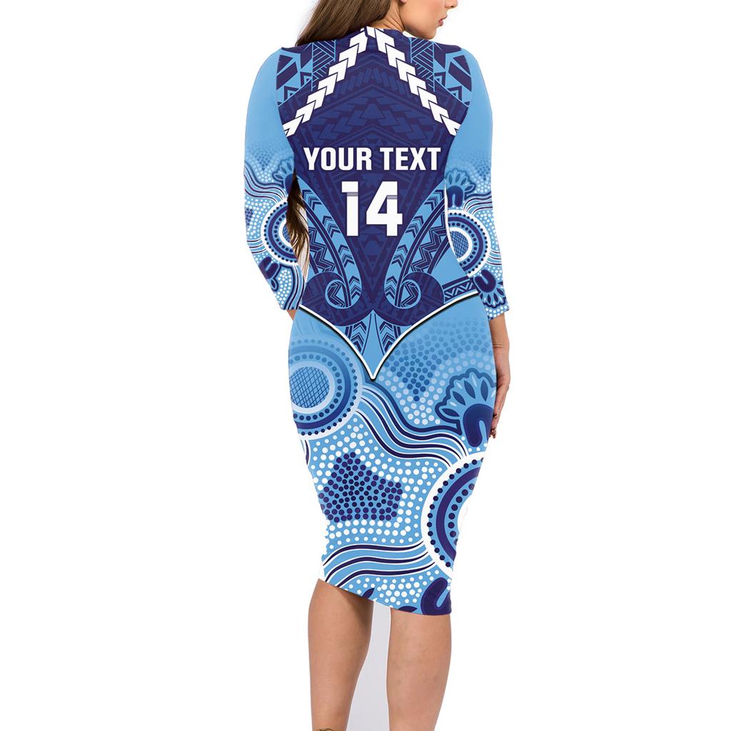 Custom NSW Blues Rugby Family Matching Long Sleeve Bodycon Dress and Hawaiian Shirt Aboriginal Mix Polynesian Pattern