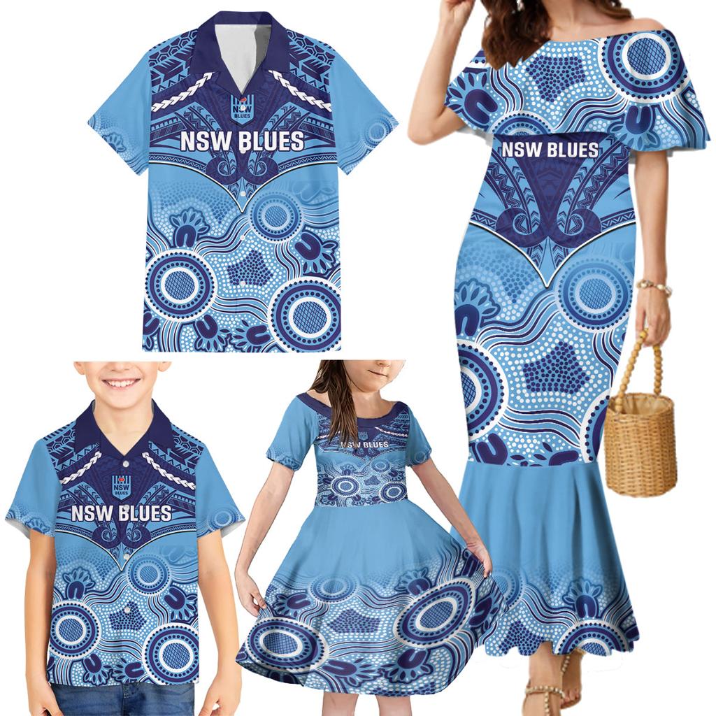 Custom NSW Blues Rugby Family Matching Mermaid Dress and Hawaiian Shirt Aboriginal Mix Polynesian Pattern