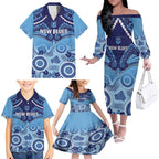 Custom NSW Blues Rugby Family Matching Off The Shoulder Long Sleeve Dress and Hawaiian Shirt Aboriginal Mix Polynesian Pattern
