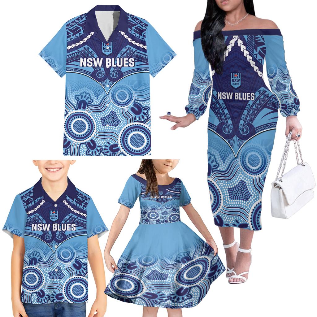 Custom NSW Blues Rugby Family Matching Off The Shoulder Long Sleeve Dress and Hawaiian Shirt Aboriginal Mix Polynesian Pattern