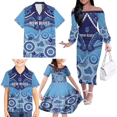 Custom NSW Blues Rugby Family Matching Off The Shoulder Long Sleeve Dress and Hawaiian Shirt Aboriginal Mix Polynesian Pattern