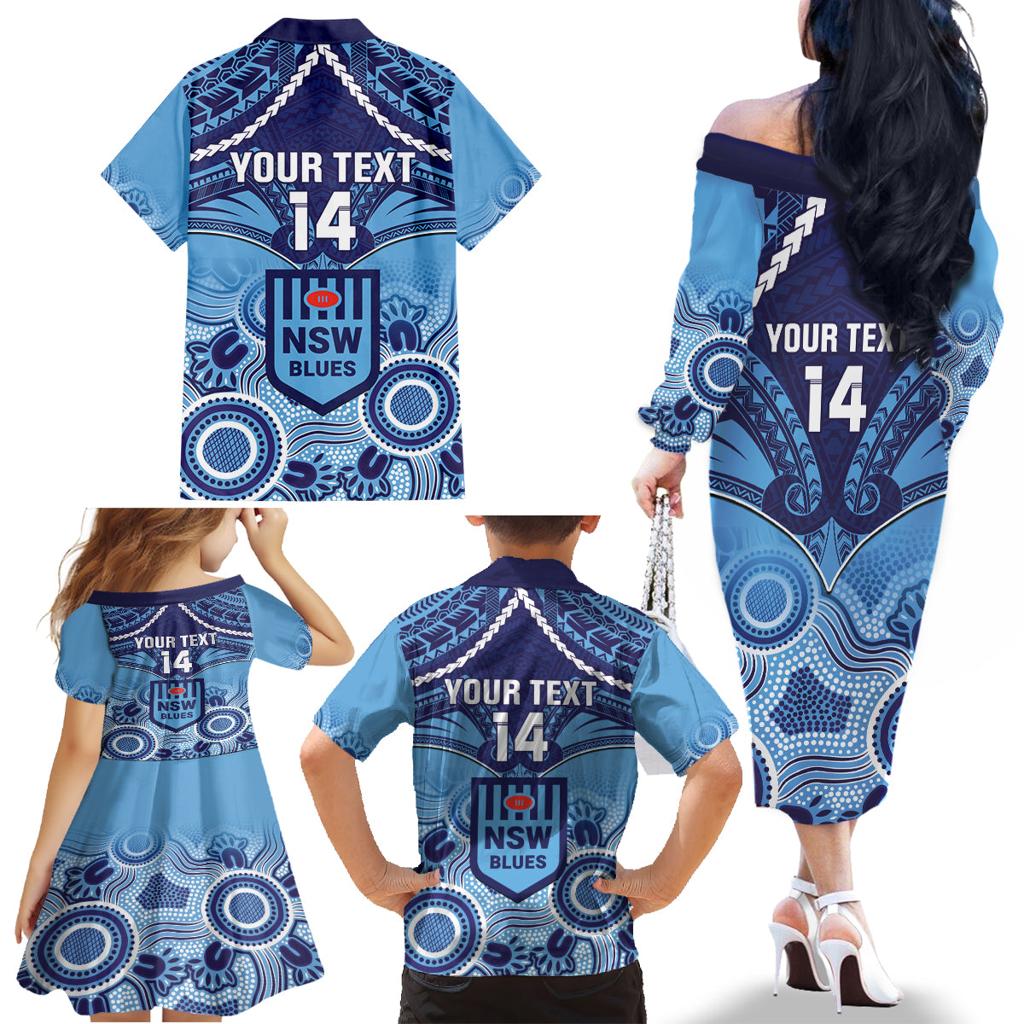 Custom NSW Blues Rugby Family Matching Off The Shoulder Long Sleeve Dress and Hawaiian Shirt Aboriginal Mix Polynesian Pattern