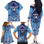 Custom NSW Blues Rugby Family Matching Off The Shoulder Long Sleeve Dress and Hawaiian Shirt Aboriginal Mix Polynesian Pattern