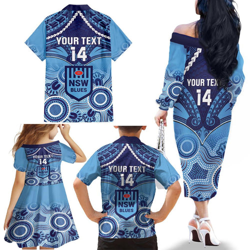 Custom NSW Blues Rugby Family Matching Off The Shoulder Long Sleeve Dress and Hawaiian Shirt Aboriginal Mix Polynesian Pattern