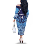Custom NSW Blues Rugby Family Matching Off The Shoulder Long Sleeve Dress and Hawaiian Shirt Aboriginal Mix Polynesian Pattern