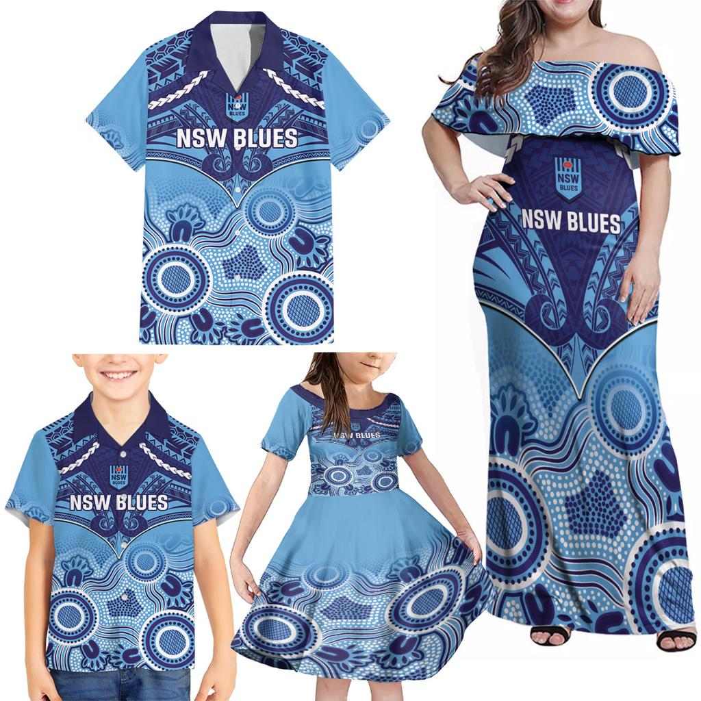 Custom NSW Blues Rugby Family Matching Off Shoulder Maxi Dress and Hawaiian Shirt Aboriginal Mix Polynesian Pattern