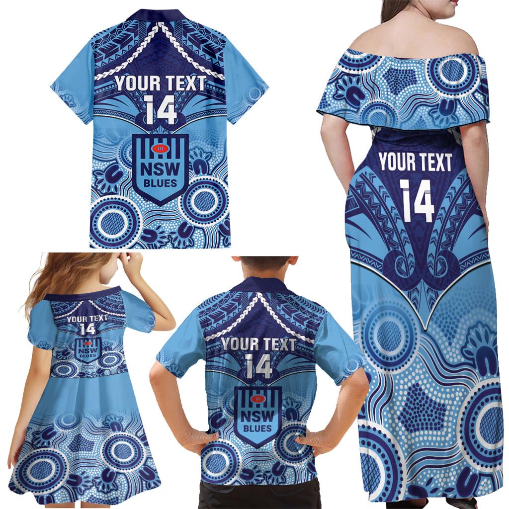 Custom NSW Blues Rugby Family Matching Off Shoulder Maxi Dress and Hawaiian Shirt Aboriginal Mix Polynesian Pattern