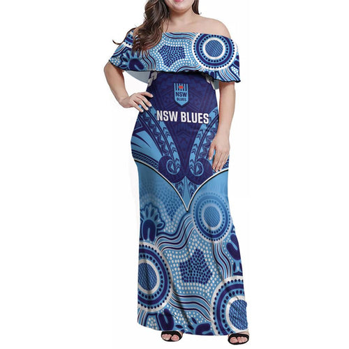 Custom NSW Blues Rugby Family Matching Off Shoulder Maxi Dress and Hawaiian Shirt Aboriginal Mix Polynesian Pattern