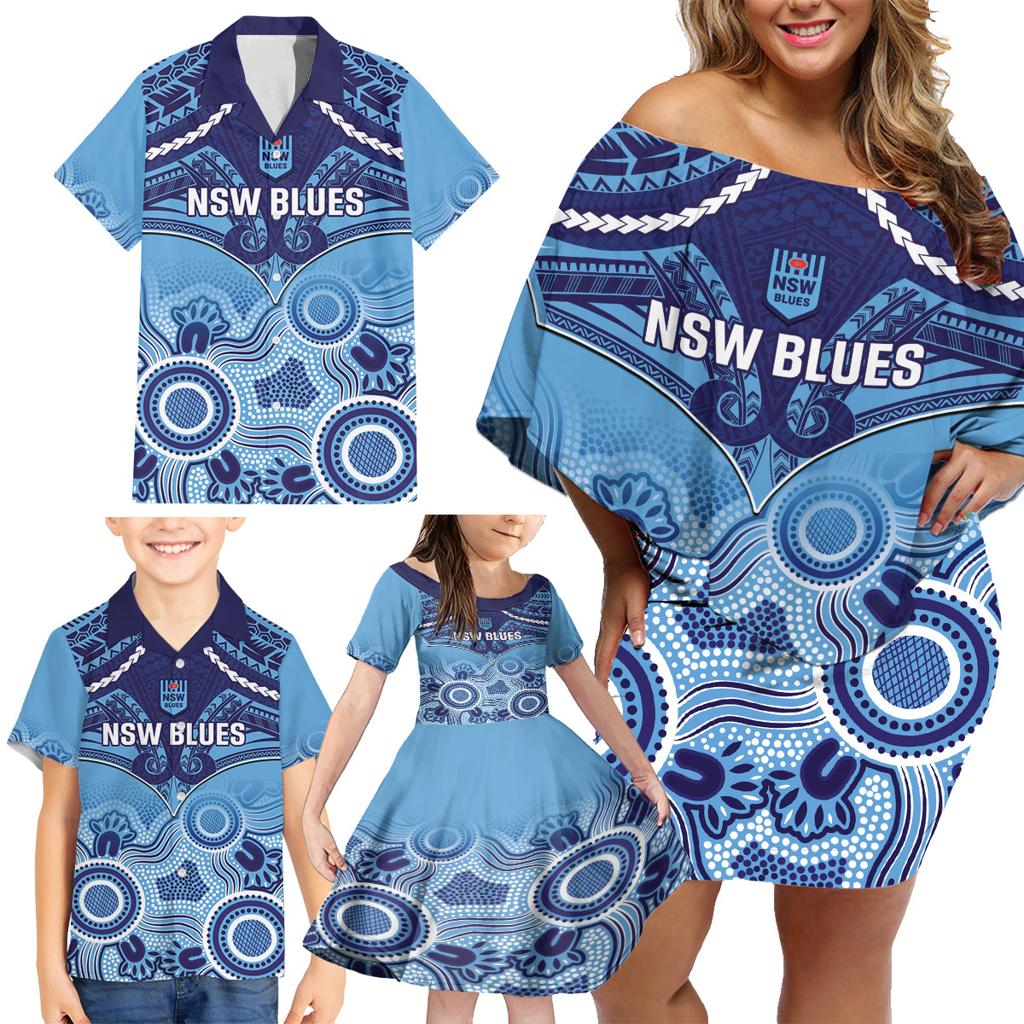 Custom NSW Blues Rugby Family Matching Off Shoulder Short Dress and Hawaiian Shirt Aboriginal Mix Polynesian Pattern