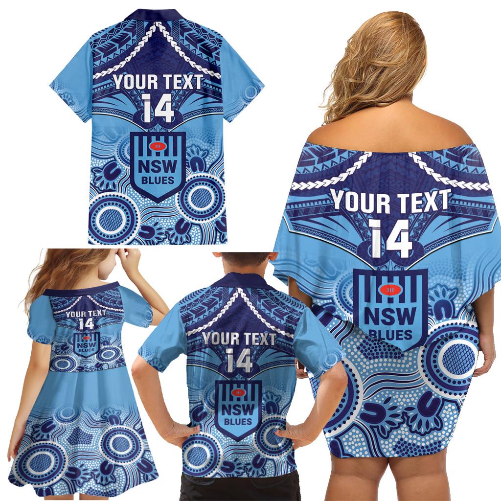 Custom NSW Blues Rugby Family Matching Off Shoulder Short Dress and Hawaiian Shirt Aboriginal Mix Polynesian Pattern