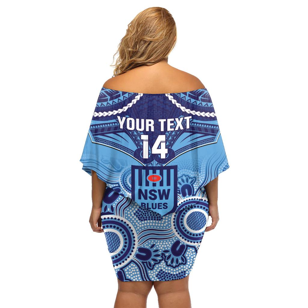 Custom NSW Blues Rugby Family Matching Off Shoulder Short Dress and Hawaiian Shirt Aboriginal Mix Polynesian Pattern
