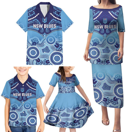 Custom NSW Blues Rugby Family Matching Puletasi and Hawaiian Shirt Aboriginal Mix Polynesian Pattern
