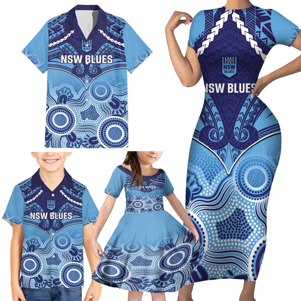 Custom NSW Blues Rugby Family Matching Short Sleeve Bodycon Dress and Hawaiian Shirt Aboriginal Mix Polynesian Pattern