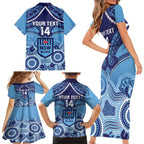 Custom NSW Blues Rugby Family Matching Short Sleeve Bodycon Dress and Hawaiian Shirt Aboriginal Mix Polynesian Pattern