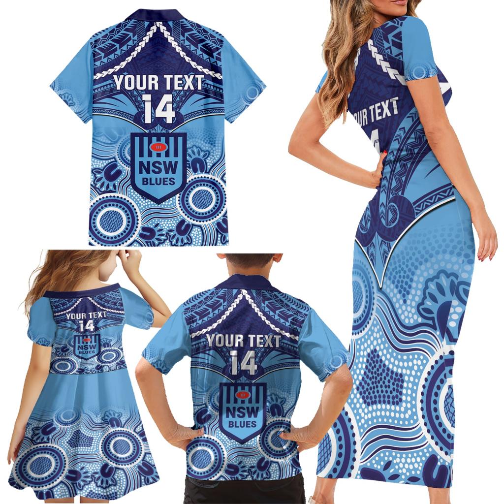 Custom NSW Blues Rugby Family Matching Short Sleeve Bodycon Dress and Hawaiian Shirt Aboriginal Mix Polynesian Pattern