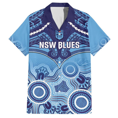 Custom NSW Blues Rugby Family Matching Short Sleeve Bodycon Dress and Hawaiian Shirt Aboriginal Mix Polynesian Pattern
