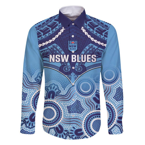Custom NSW Blues Rugby Family Matching Short Sleeve Bodycon Dress and Hawaiian Shirt Aboriginal Mix Polynesian Pattern