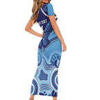 Custom NSW Blues Rugby Family Matching Short Sleeve Bodycon Dress and Hawaiian Shirt Aboriginal Mix Polynesian Pattern