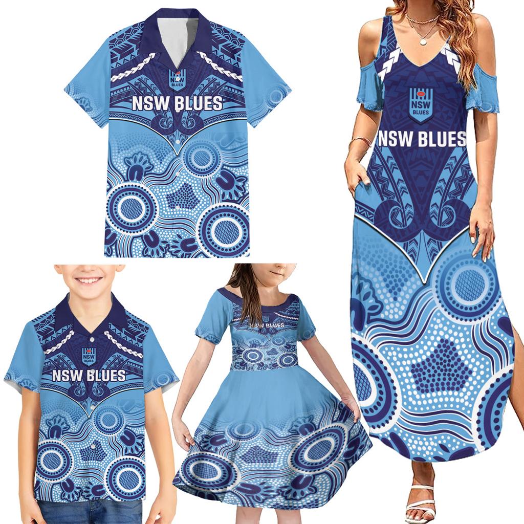 Custom NSW Blues Rugby Family Matching Summer Maxi Dress and Hawaiian Shirt Aboriginal Mix Polynesian Pattern