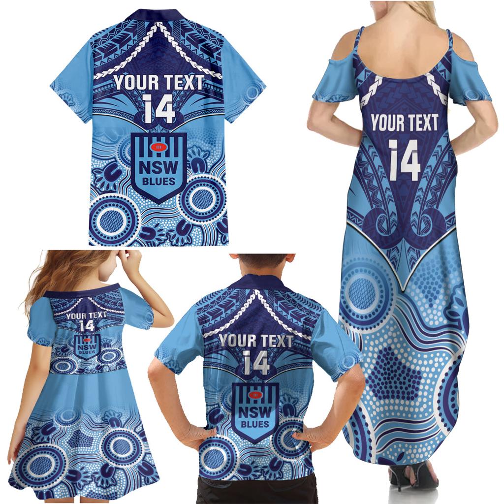 Custom NSW Blues Rugby Family Matching Summer Maxi Dress and Hawaiian Shirt Aboriginal Mix Polynesian Pattern
