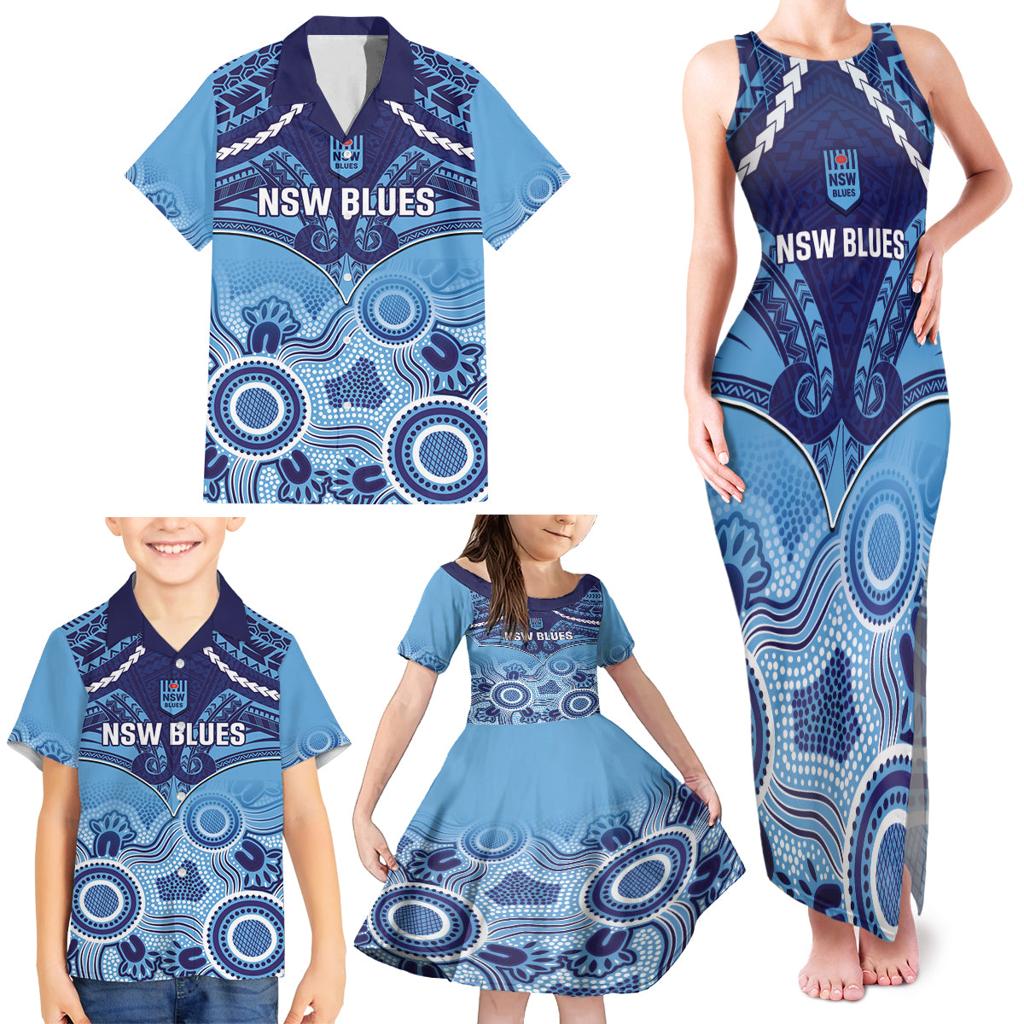 Custom NSW Blues Rugby Family Matching Tank Maxi Dress and Hawaiian Shirt Aboriginal Mix Polynesian Pattern