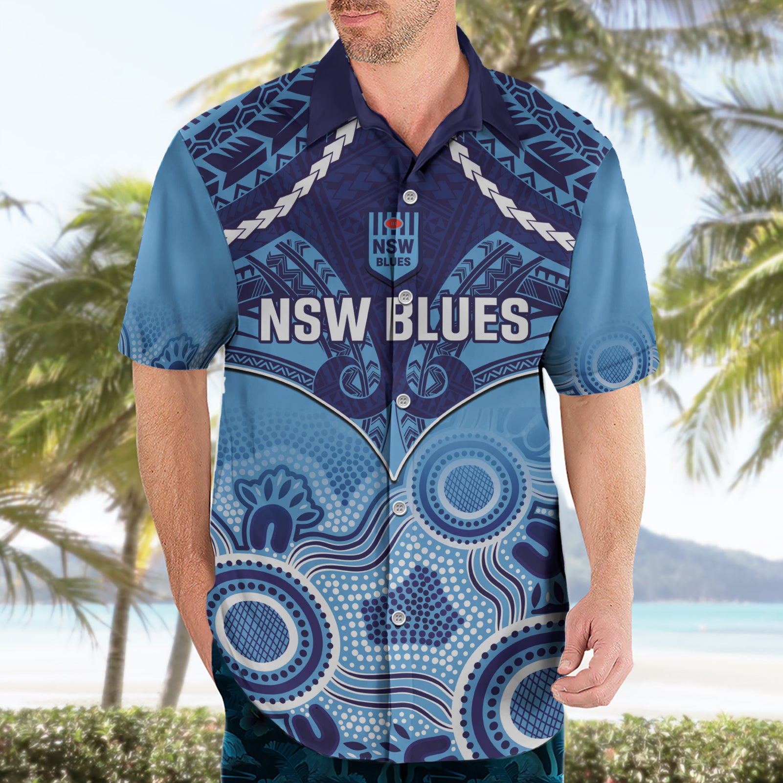 Custom NSW Blues Rugby Hawaiian Shirt Aboriginal Mix Polynesian Pattern
