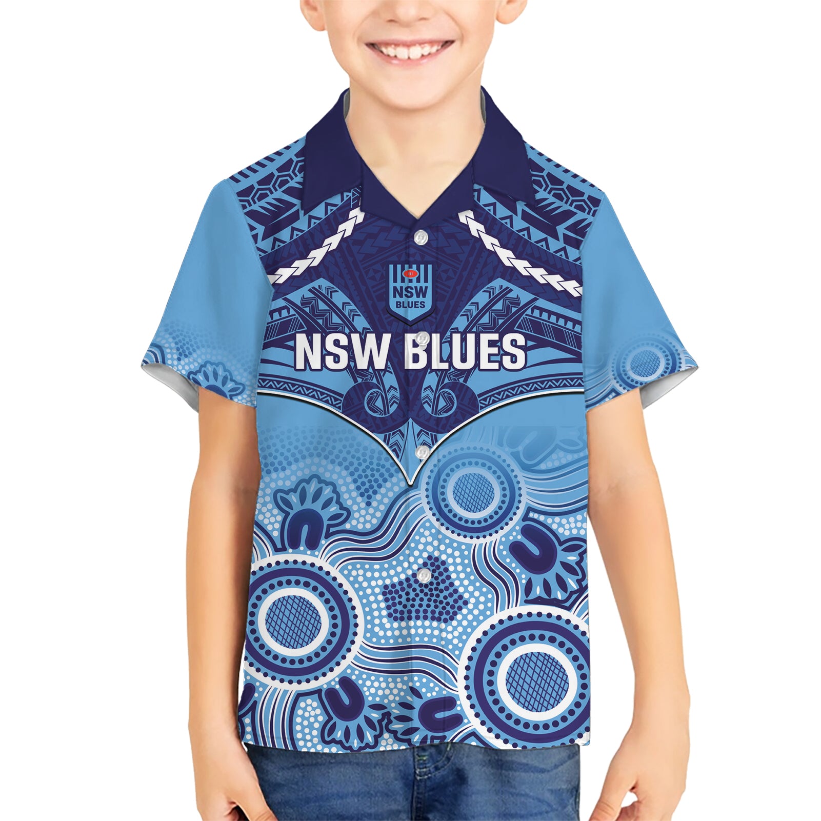 Custom NSW Blues Rugby Kid Hawaiian Shirt Aboriginal Mix Polynesian Pattern