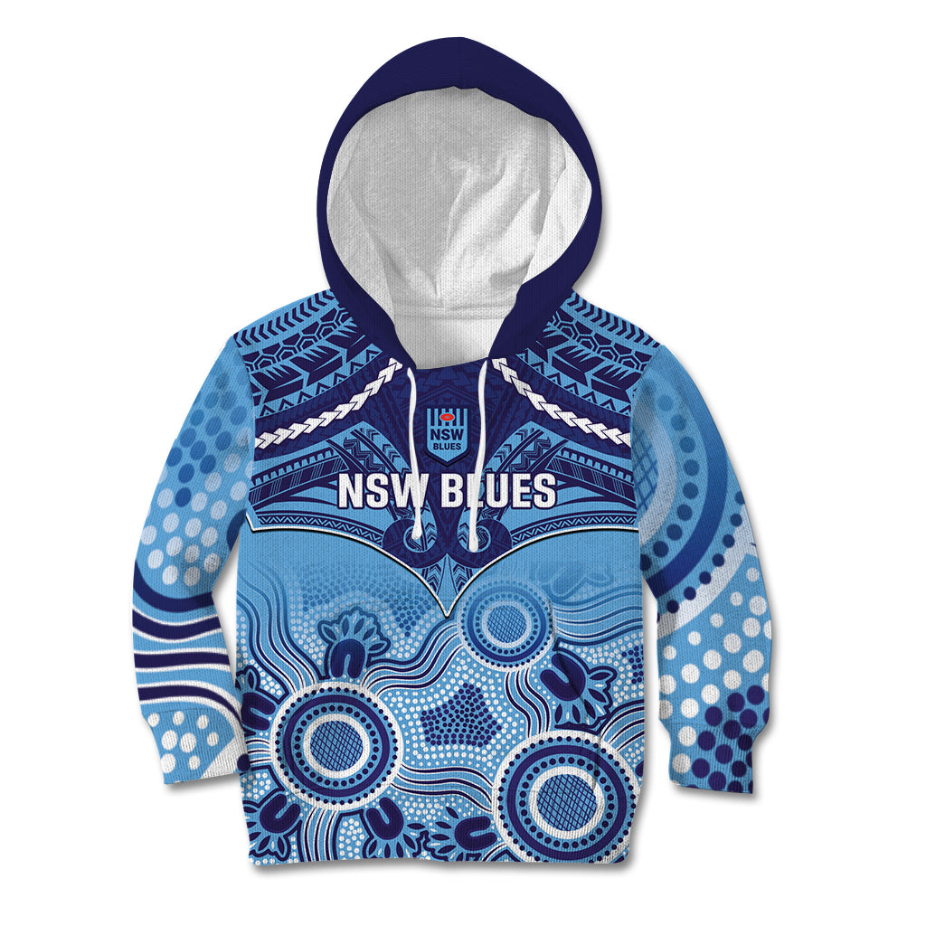 Custom NSW Blues Rugby Kid Hoodie Aboriginal Mix Polynesian Pattern