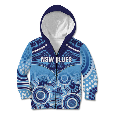 Custom NSW Blues Rugby Kid Hoodie Aboriginal Mix Polynesian Pattern