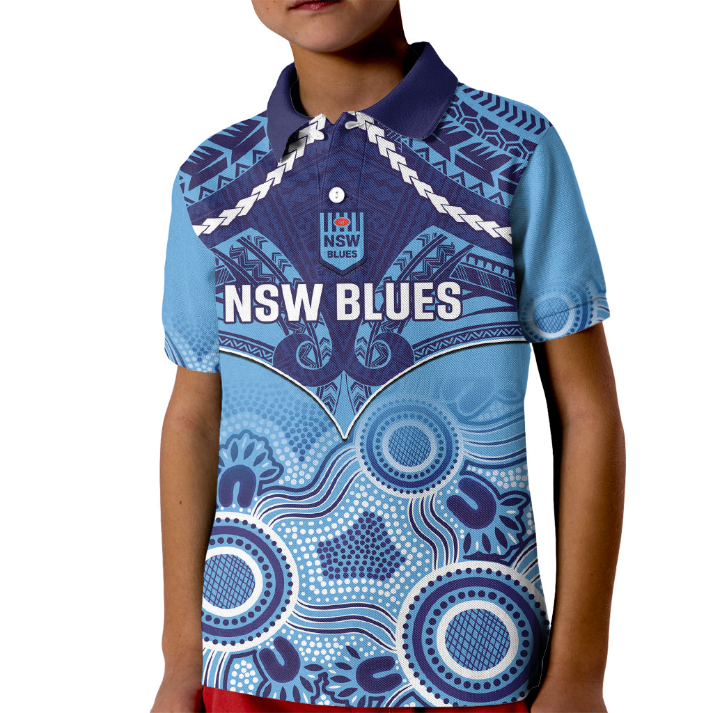 Custom NSW Blues Rugby Kid Polo Shirt Aboriginal Mix Polynesian Pattern