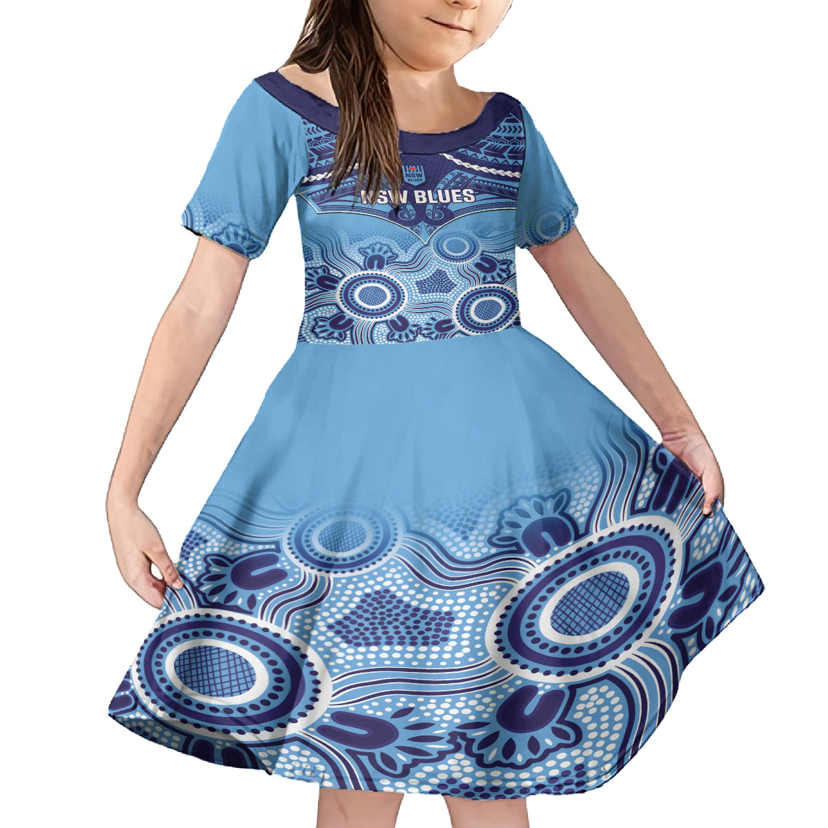 Custom NSW Blues Rugby Kid Short Sleeve Dress Aboriginal Mix Polynesian Pattern