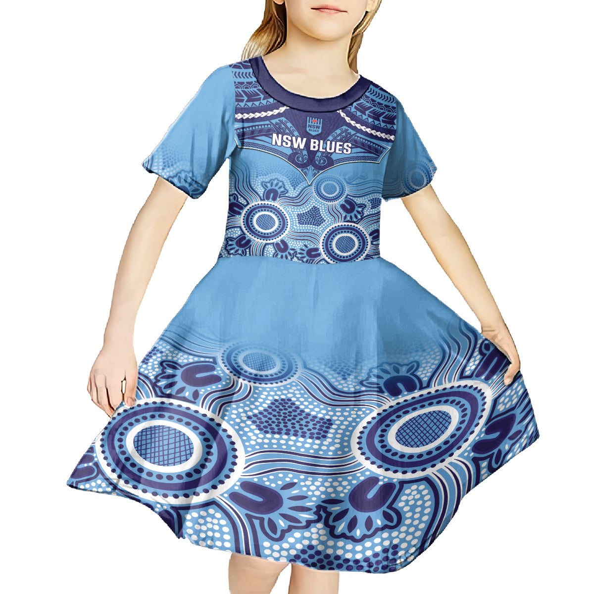 Custom NSW Blues Rugby Kid Short Sleeve Dress Aboriginal Mix Polynesian Pattern