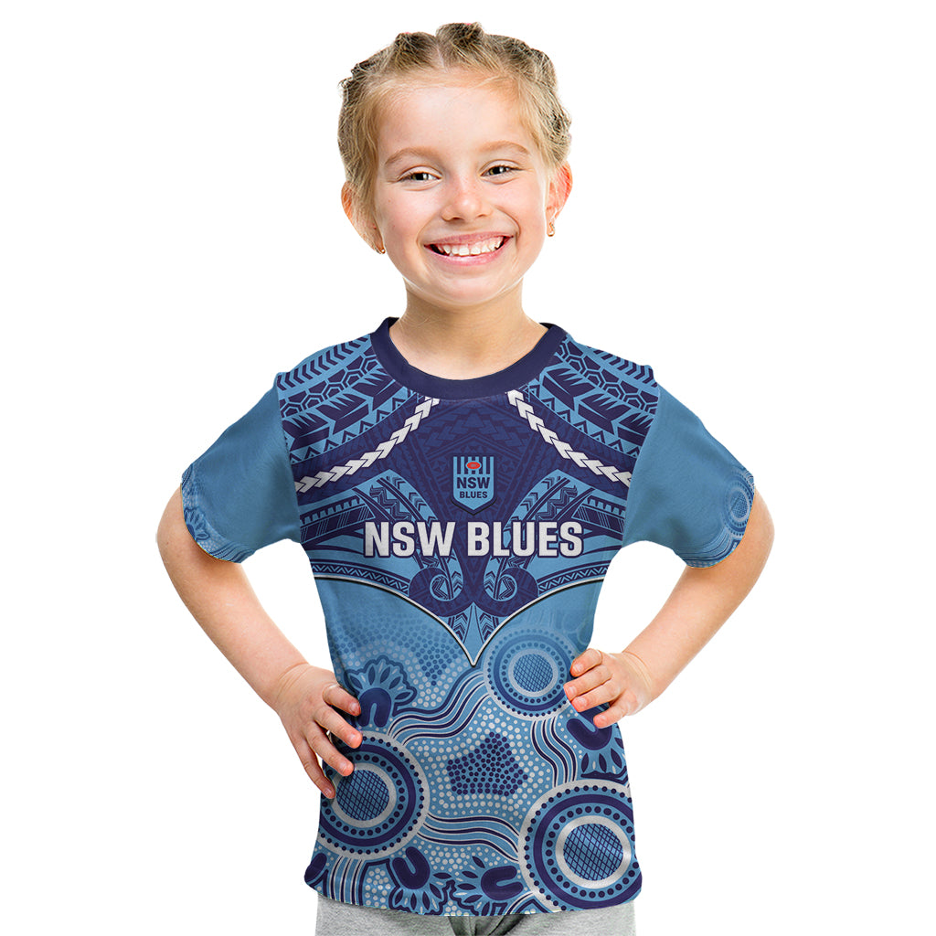 Custom NSW Blues Rugby Kid T Shirt Aboriginal Mix Polynesian Pattern