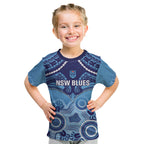 Custom NSW Blues Rugby Kid T Shirt Aboriginal Mix Polynesian Pattern