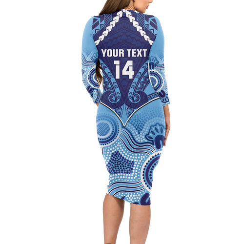 Custom NSW Blues Rugby Long Sleeve Bodycon Dress Aboriginal Mix Polynesian Pattern