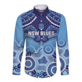 Custom NSW Blues Rugby Long Sleeve Button Shirt Aboriginal Mix Polynesian Pattern