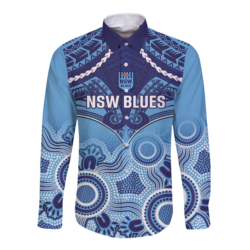Custom NSW Blues Rugby Long Sleeve Button Shirt Aboriginal Mix Polynesian Pattern