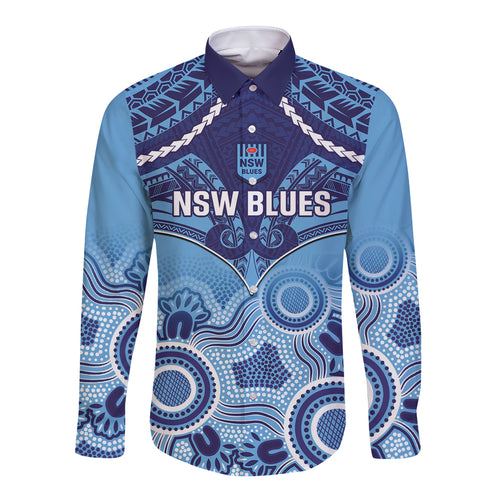 Custom NSW Blues Rugby Long Sleeve Button Shirt Aboriginal Mix Polynesian Pattern